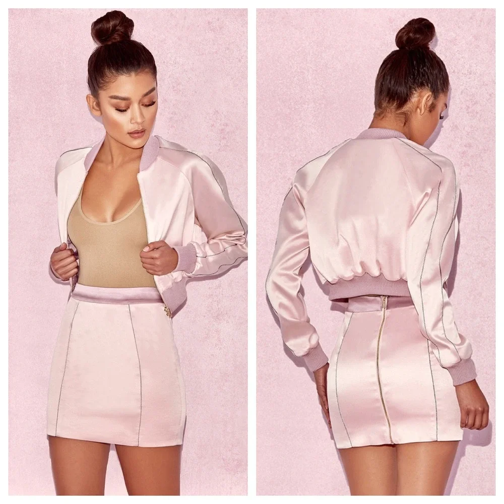 House of‎ CB Tacia Pink Satin Cropped Bomber Jacket and Mini Skirt Set XS
